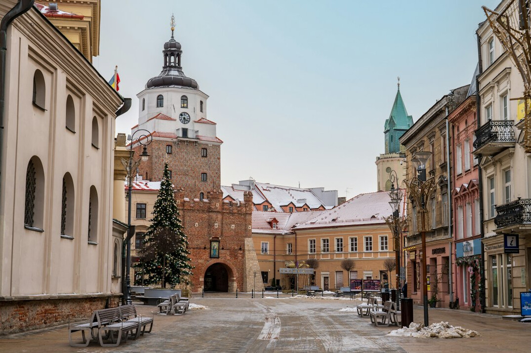 Lublin Old Town street with the Krakow Gate